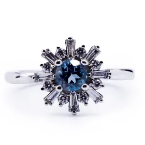Natural London Blue Topaz Round & Baguette Diamond Halo Ring