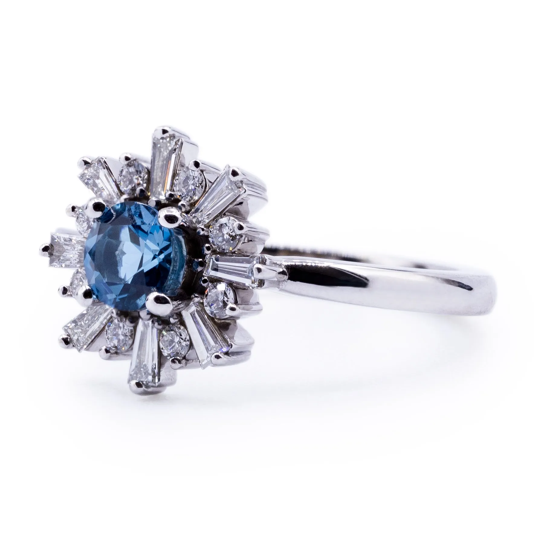 Natural London Blue Topaz Round & Baguette Diamond Halo Ring