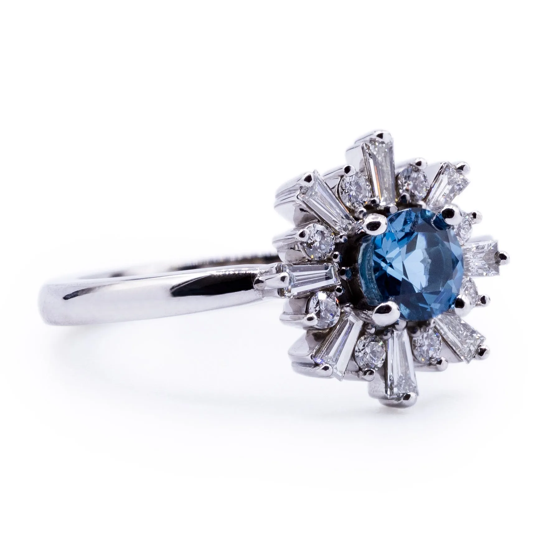 Natural London Blue Topaz Round & Baguette Diamond Halo Ring