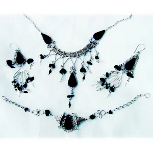 New Vintage Jewelry SET Necklace/Earrings/Bracelet Silver Black Stone Whimsigoth