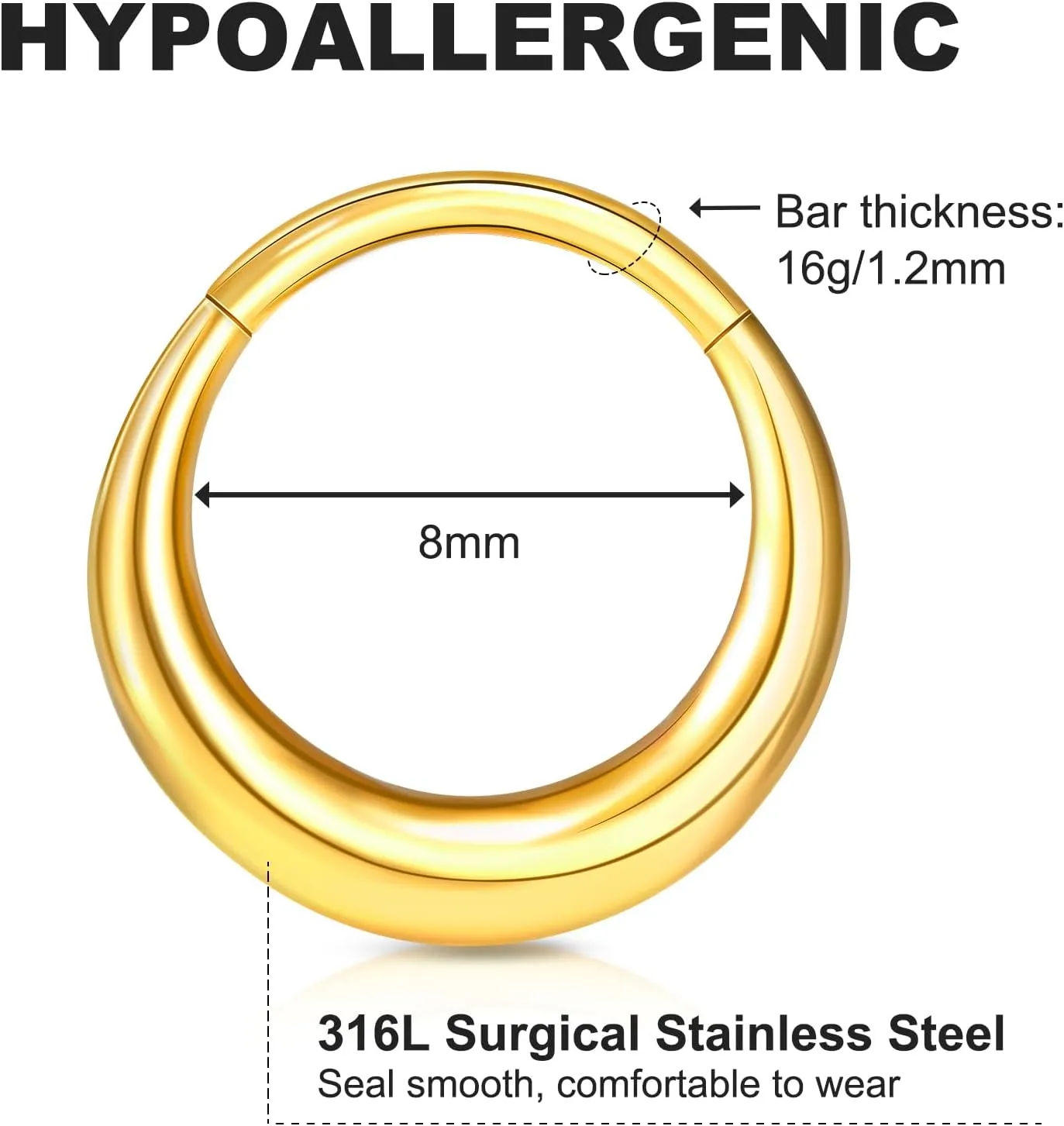 ONESING 16G Septum Rings Stainless Steel Nose Rings Hoops Clicker Septum Piercing Jewelry Silver/Gold Septum Jewelry Cartilage Helix Tragus Body Piercing for Women Men 8mm 10mm