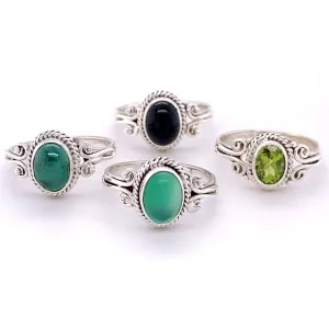 Oval Natural Gemstone Ring with Rope and Long Spiral Border