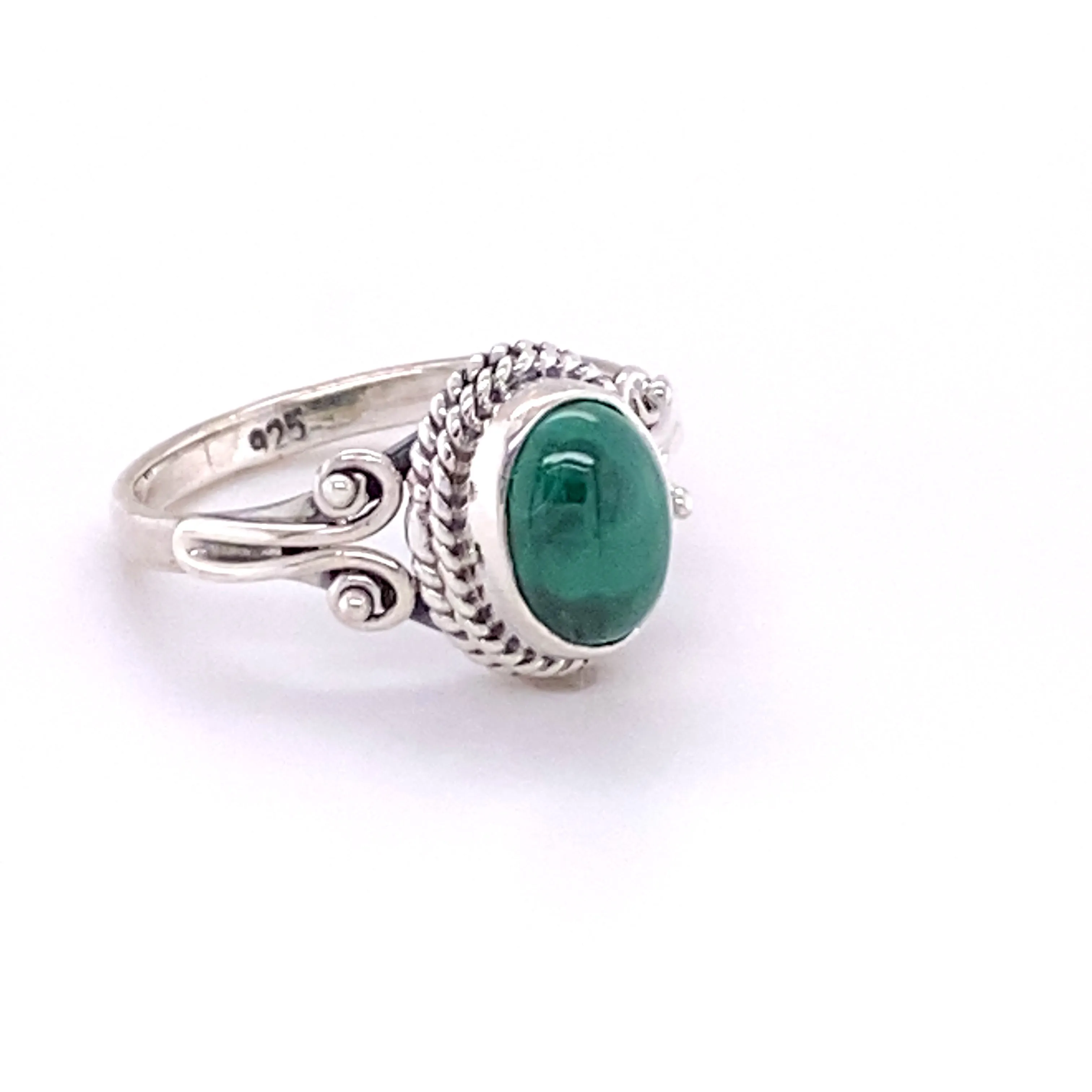 Oval Natural Gemstone Ring with Rope and Long Spiral Border