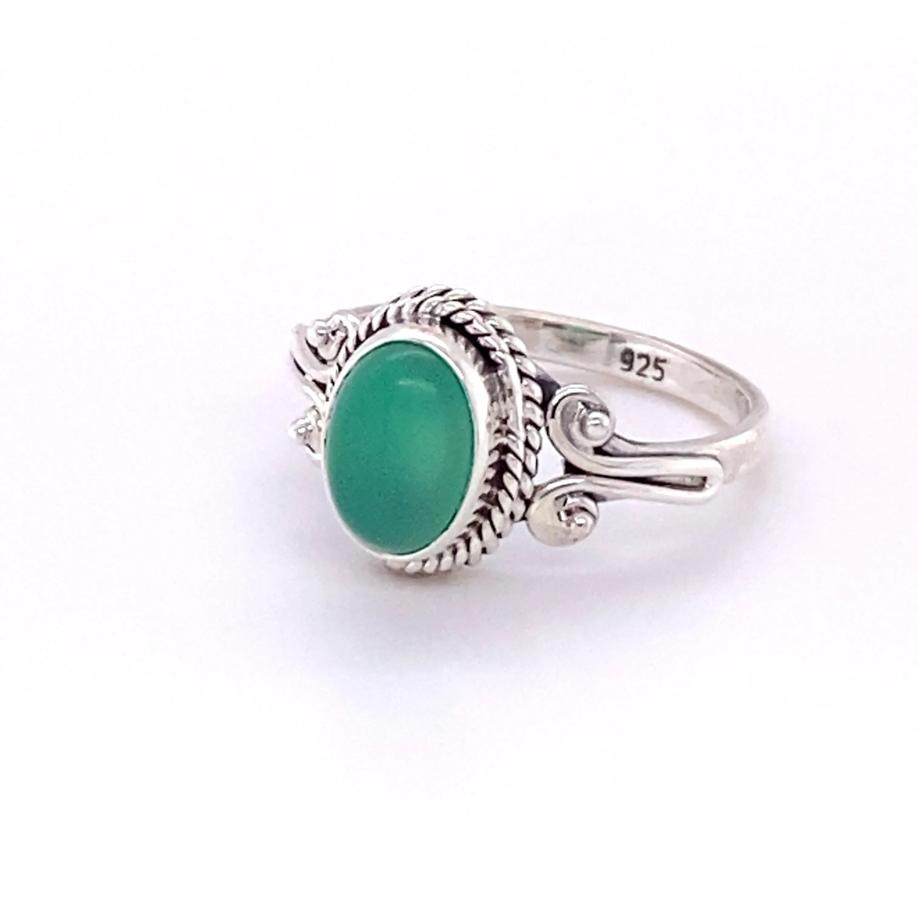 Oval Natural Gemstone Ring with Rope and Long Spiral Border