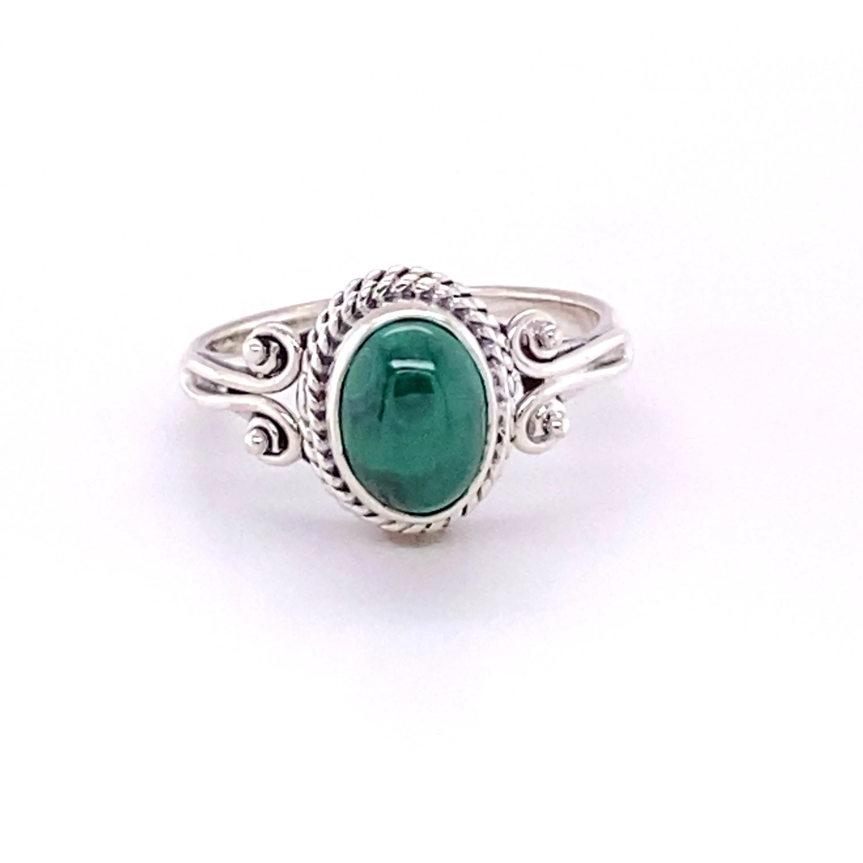 Oval Natural Gemstone Ring with Rope and Long Spiral Border