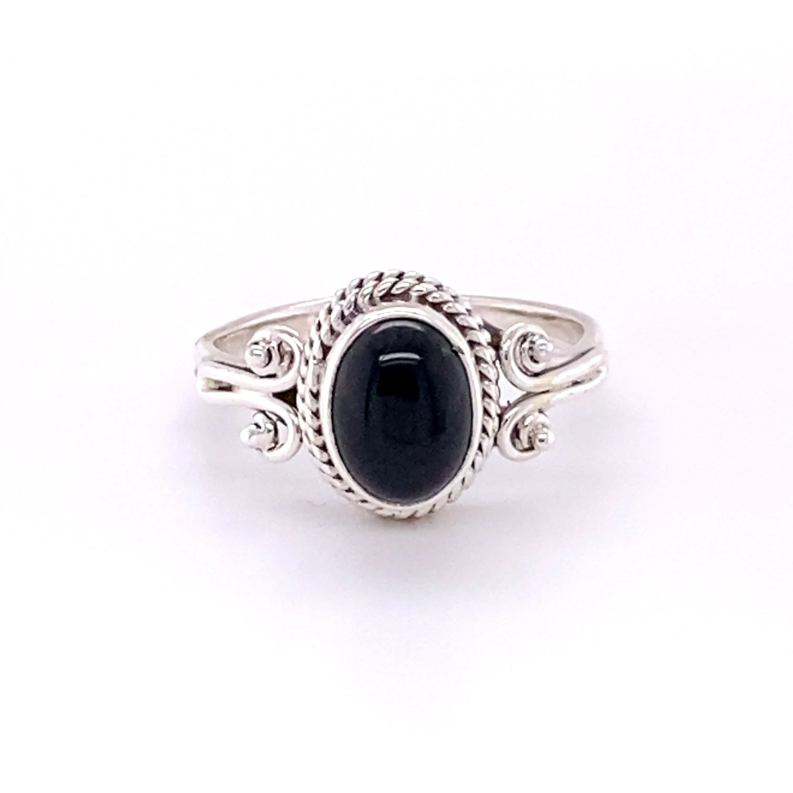 Oval Natural Gemstone Ring with Rope and Long Spiral Border