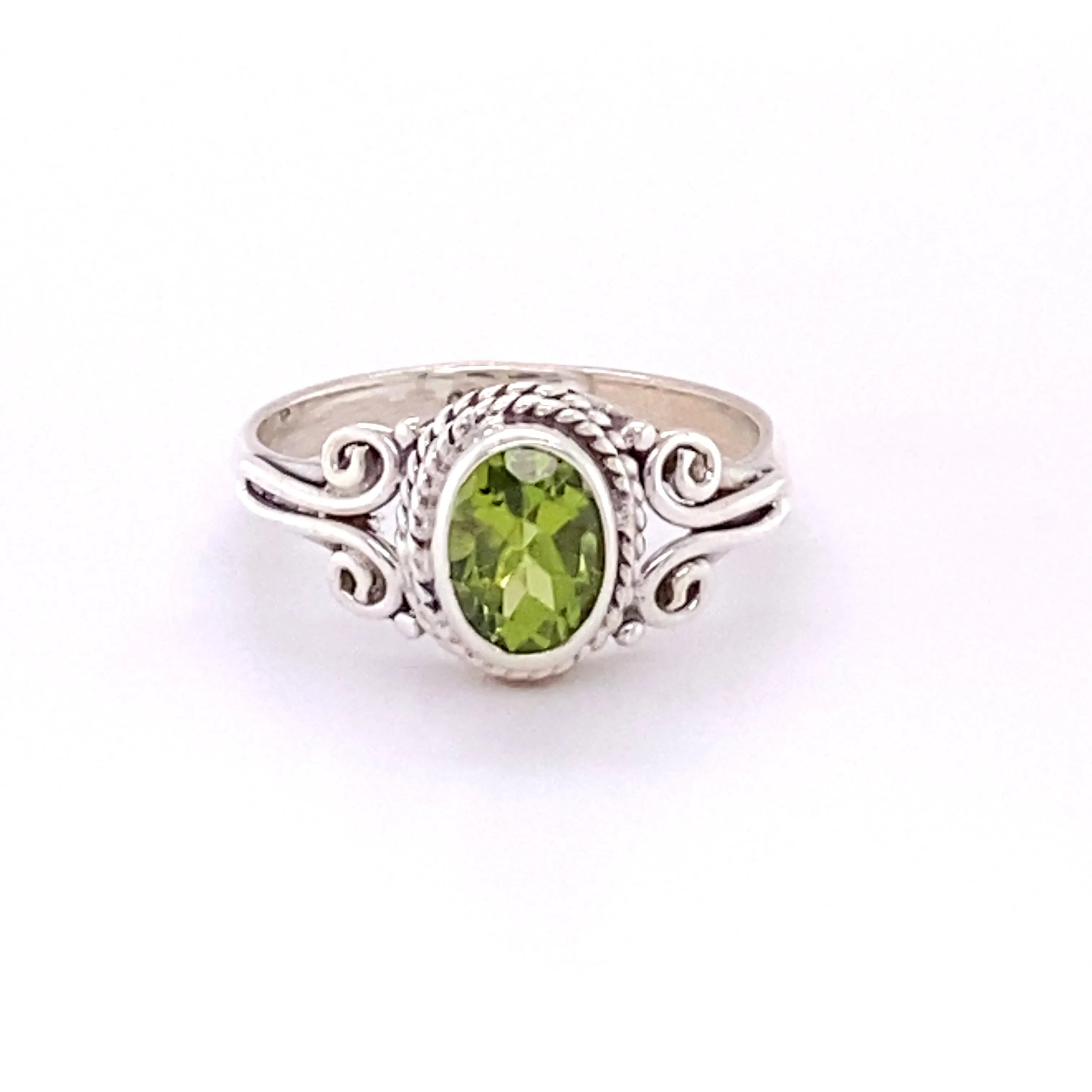 Oval Natural Gemstone Ring with Rope and Long Spiral Border
