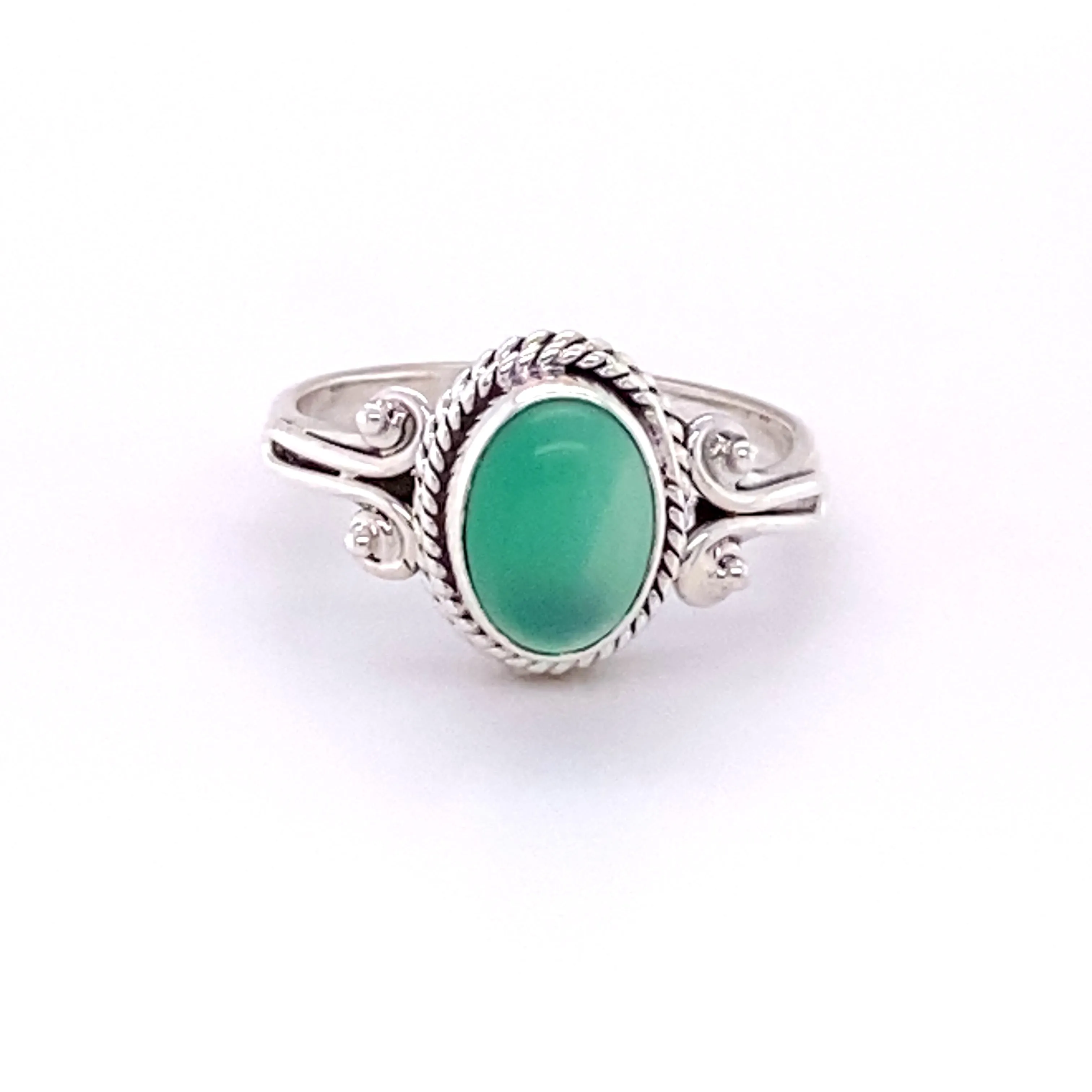 Oval Natural Gemstone Ring with Rope and Long Spiral Border