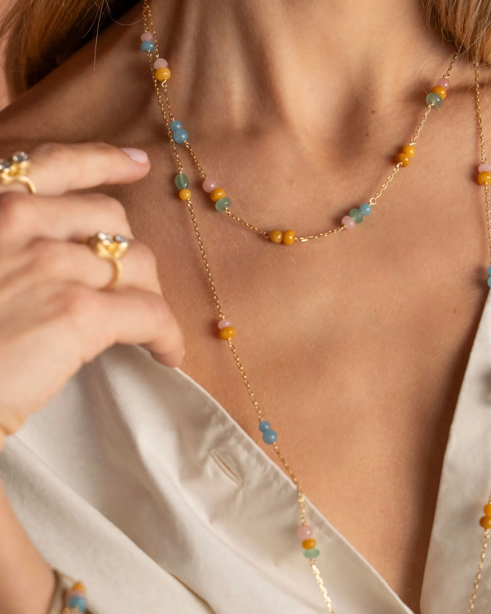 Piccolo Melrose 18K Gold Necklace, 74cm, w. Aventurine & Guava quartz