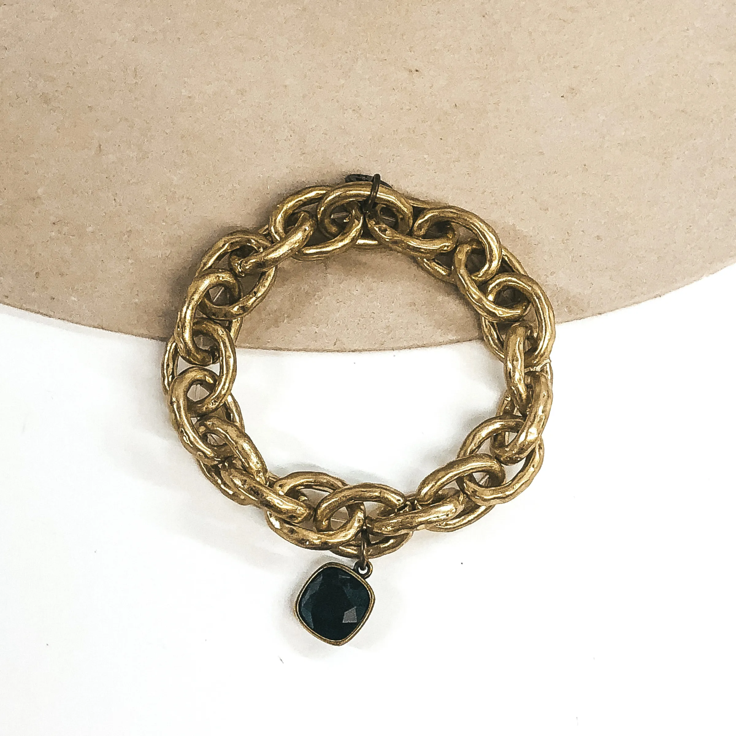 Pink Panache | Matte Gold Thick Chain Bracelet with Cushion Cut Black Crystal Drop