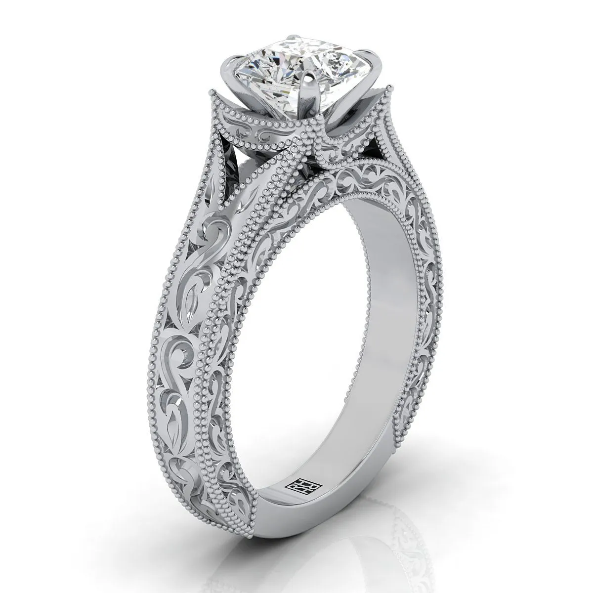 Platinum Asscher Cut  Hand Engraved and Milgrain Vintage Solitaire Engagement Ring