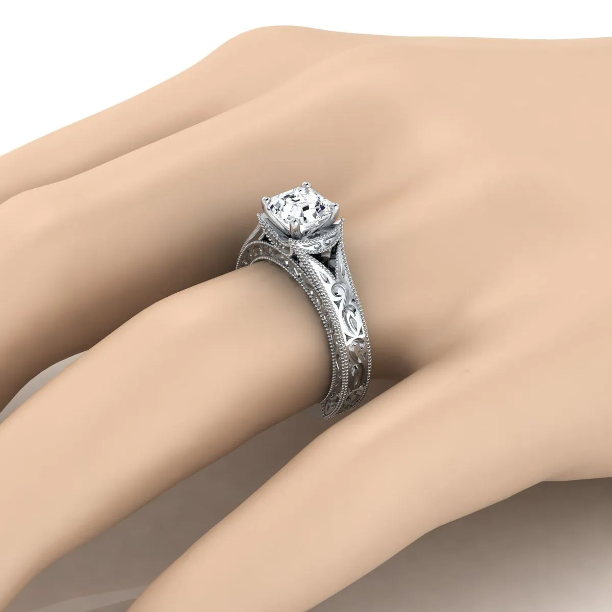 Platinum Asscher Cut  Hand Engraved and Milgrain Vintage Solitaire Engagement Ring