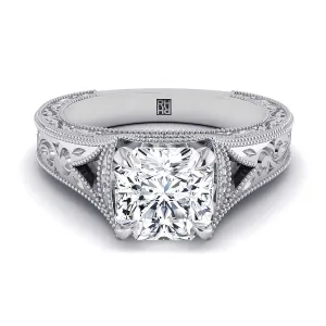 Platinum Asscher Cut  Hand Engraved and Milgrain Vintage Solitaire Engagement Ring
