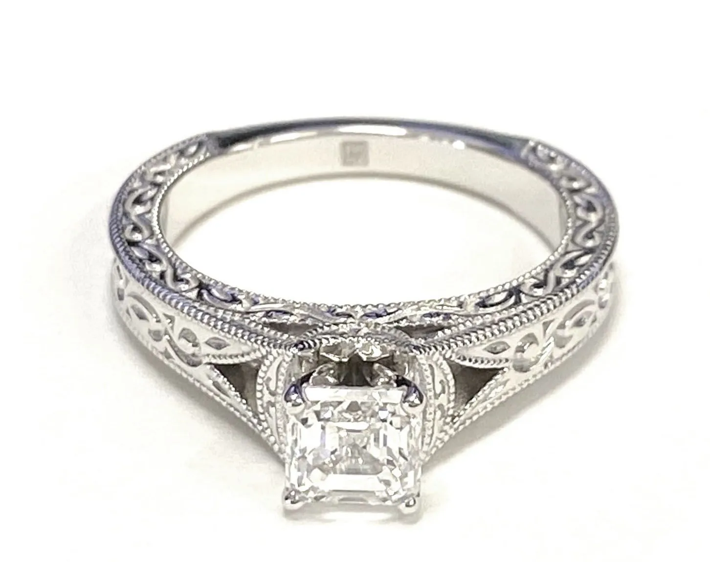 Platinum Asscher Cut  Hand Engraved and Milgrain Vintage Solitaire Engagement Ring