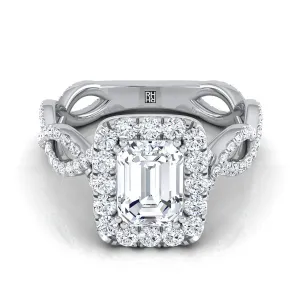 Platinum Emerald Cut Diamond Ribbon Twist French Pave Halo Engagement Ring -3/4ctw