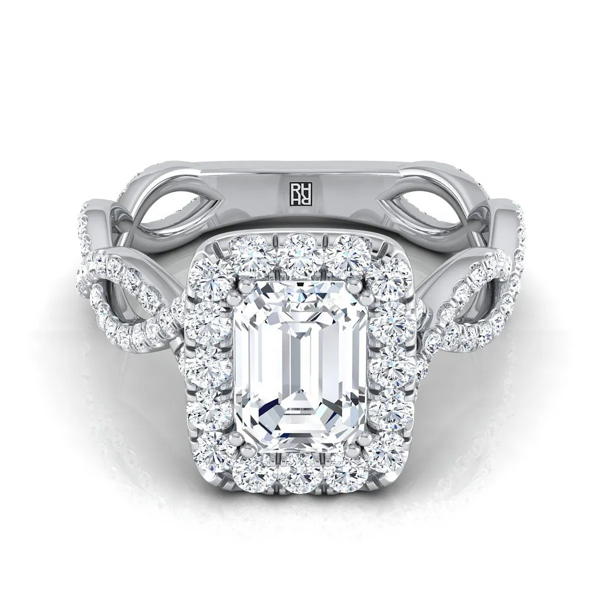 Platinum Emerald Cut Diamond Ribbon Twist French Pave Halo Engagement Ring -3/4ctw
