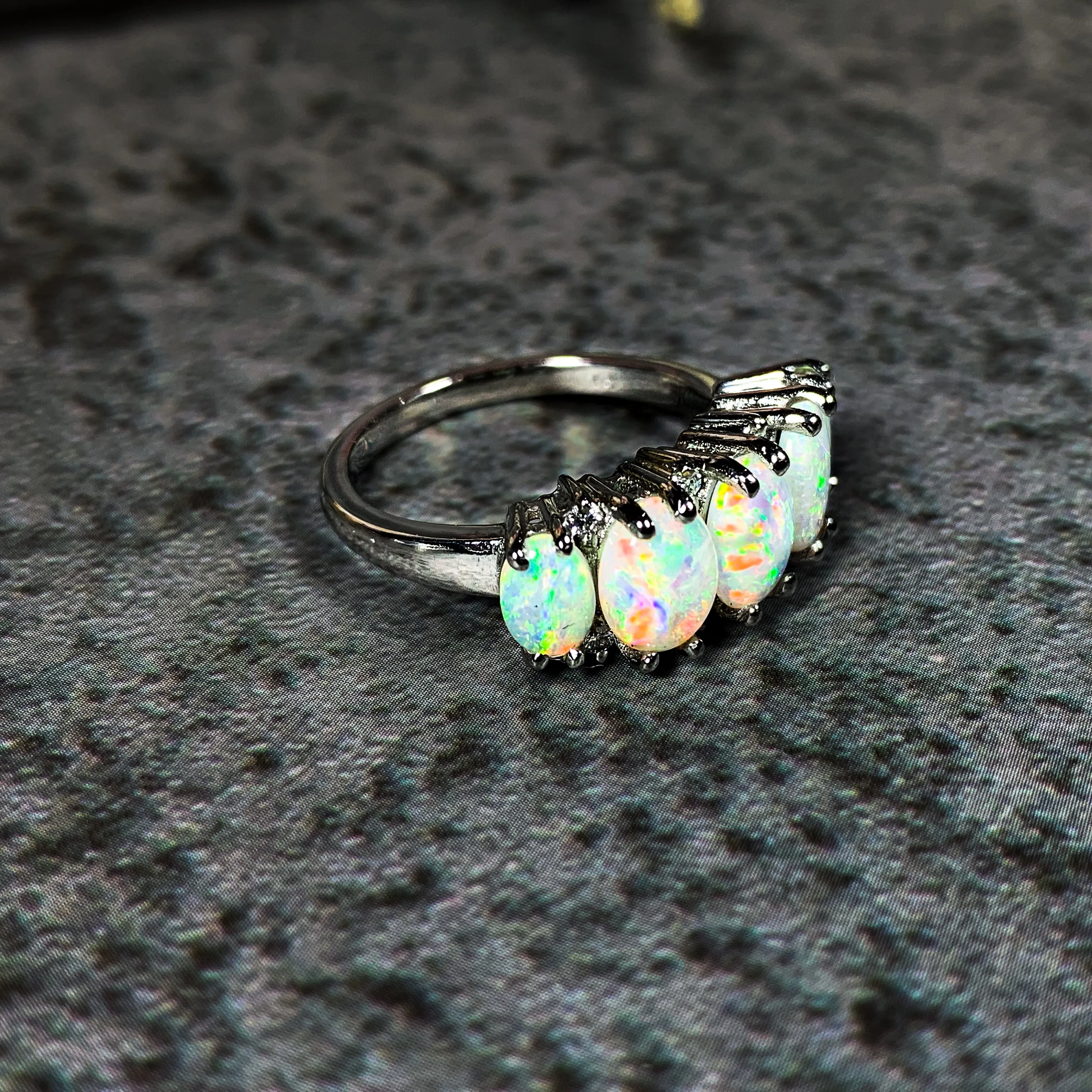 Platinum ring set with 5 Crystal Opal 2.6ct and diamond eternity style ring