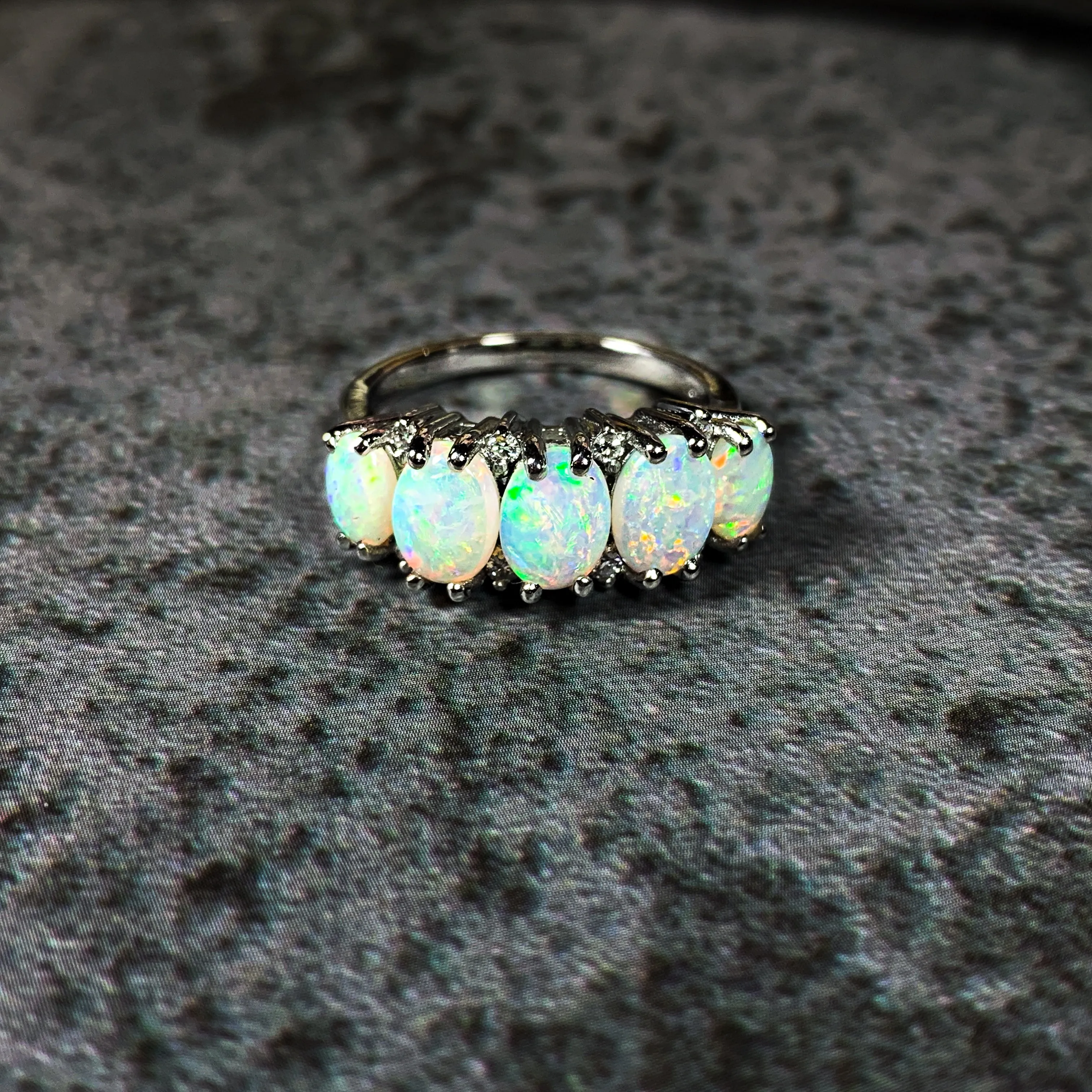 Platinum ring set with 5 Crystal Opal 2.6ct and diamond eternity style ring