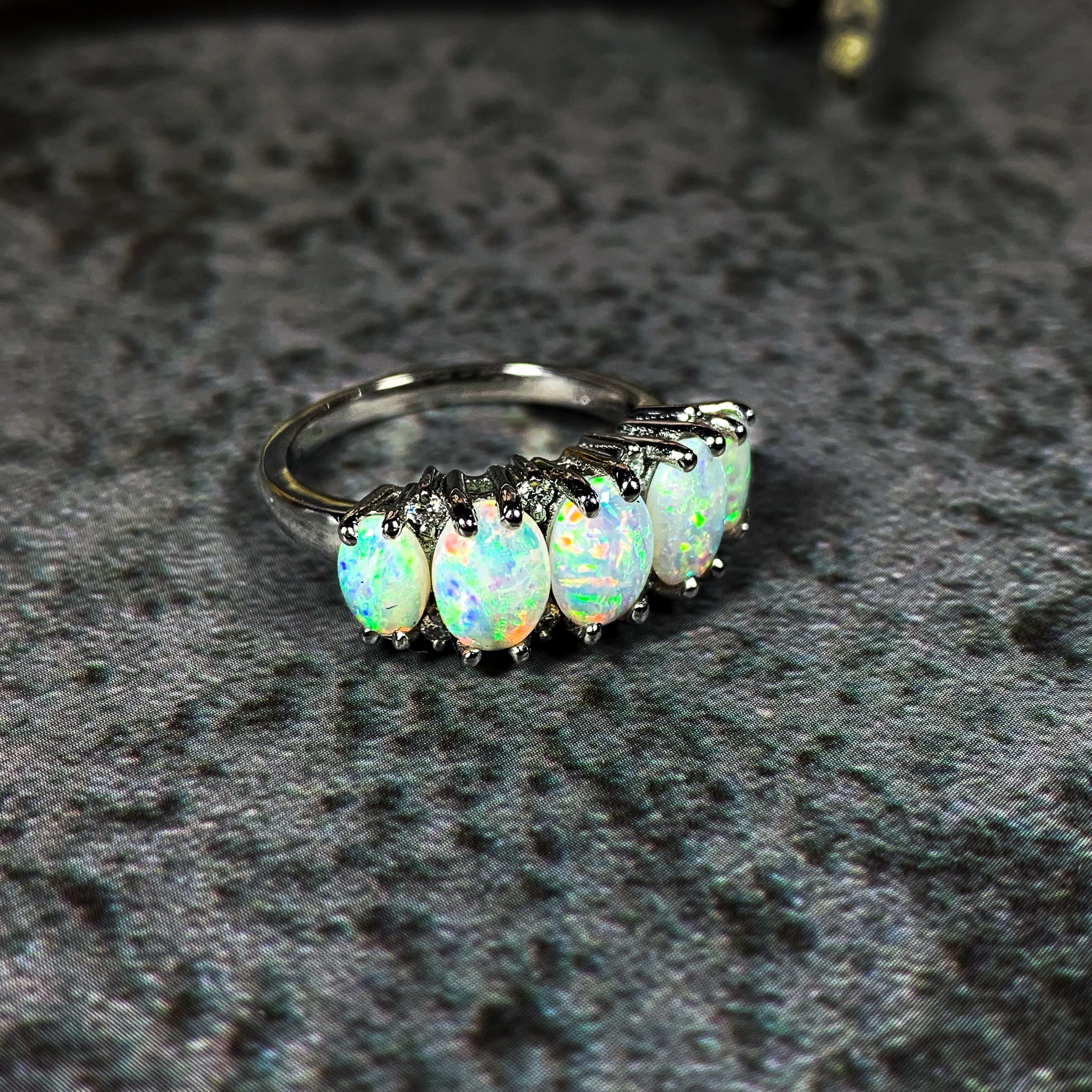 Platinum ring set with 5 Crystal Opal 2.6ct and diamond eternity style ring