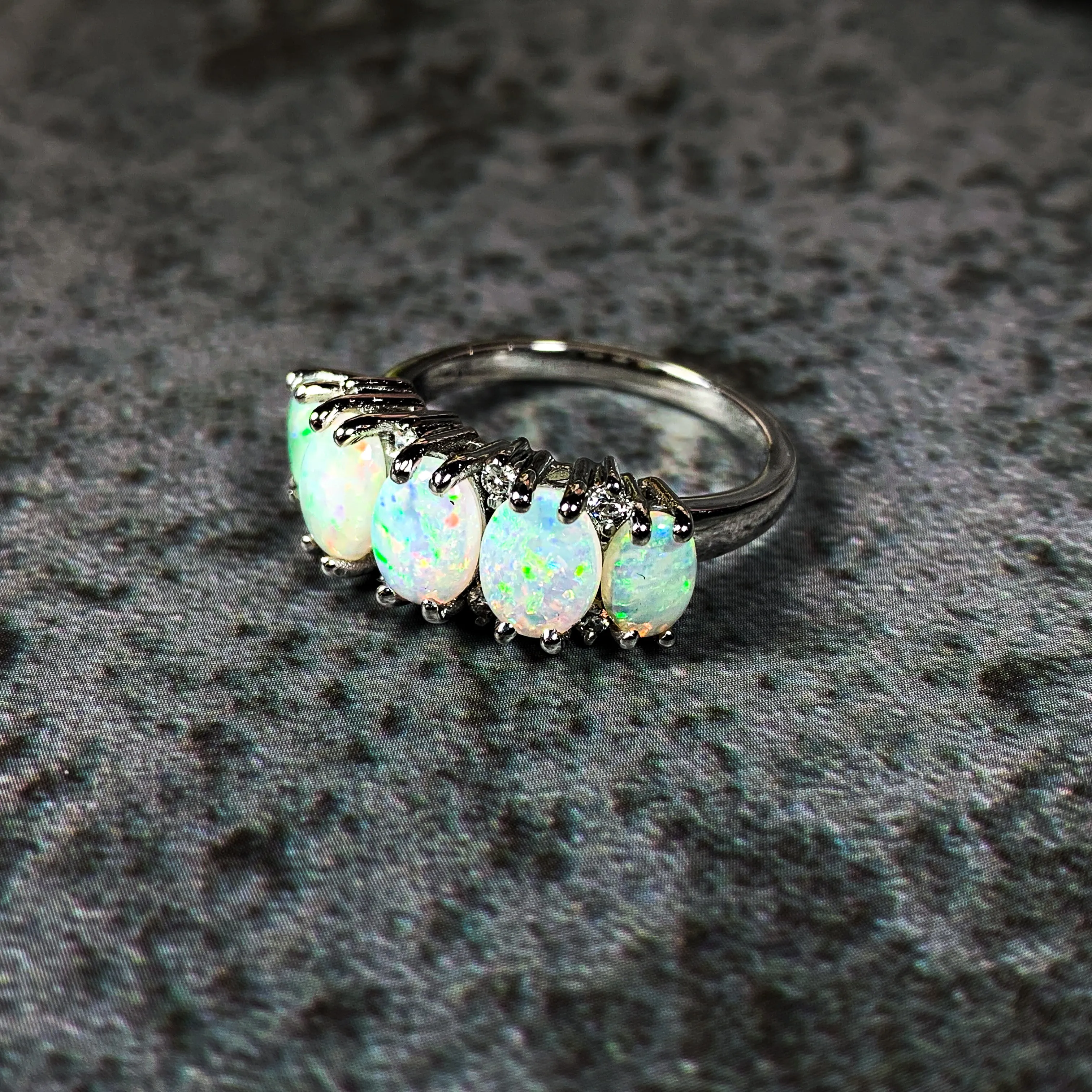 Platinum ring set with 5 Crystal Opal 2.6ct and diamond eternity style ring