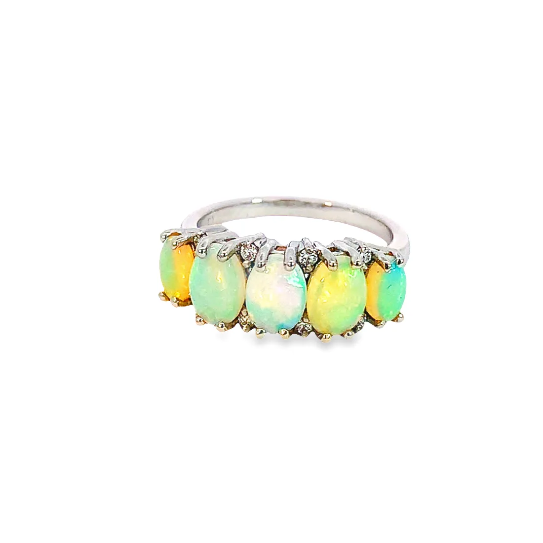 Platinum ring set with 5 Crystal Opal 2.6ct and diamond eternity style ring