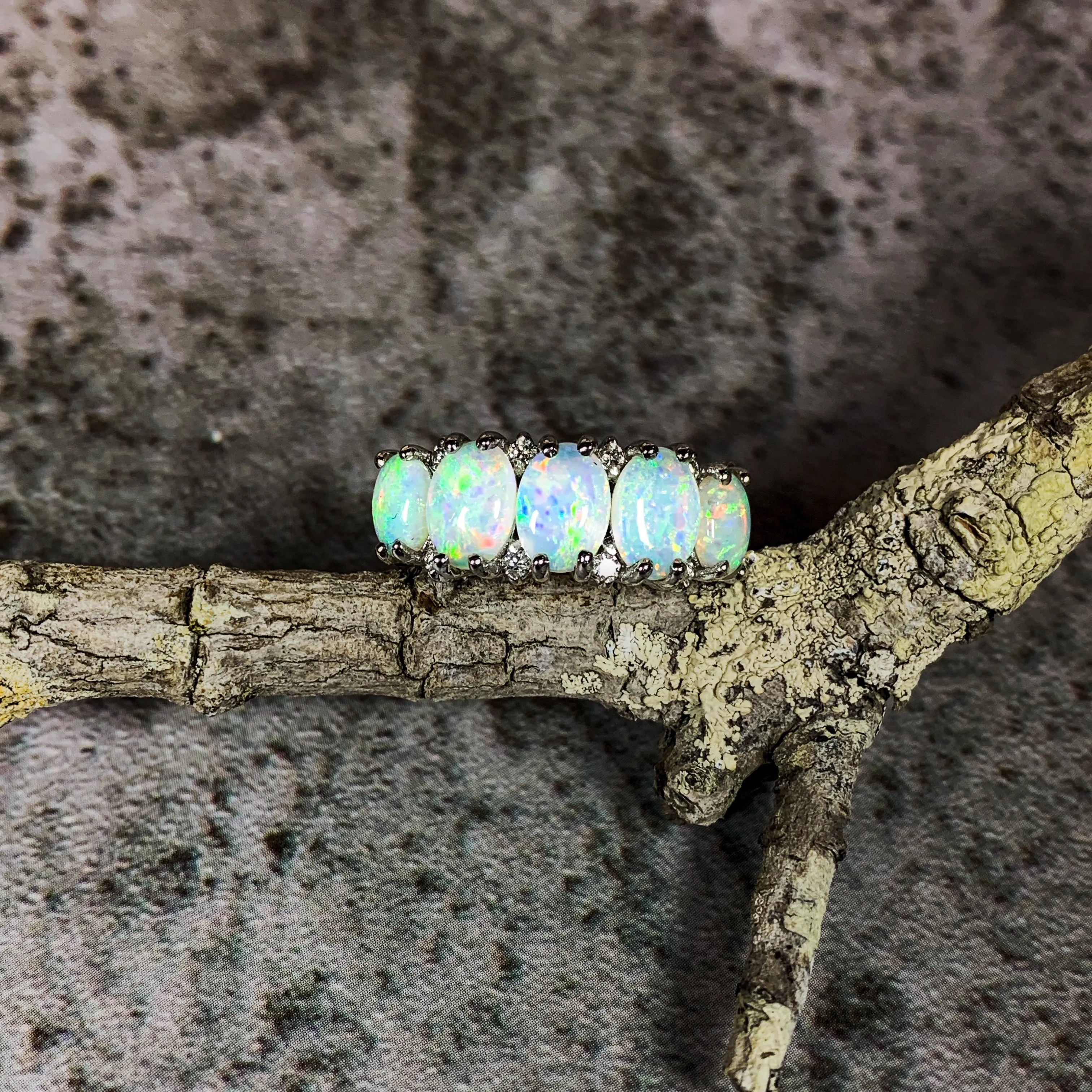 Platinum ring set with 5 Crystal Opal 2.6ct and diamond eternity style ring