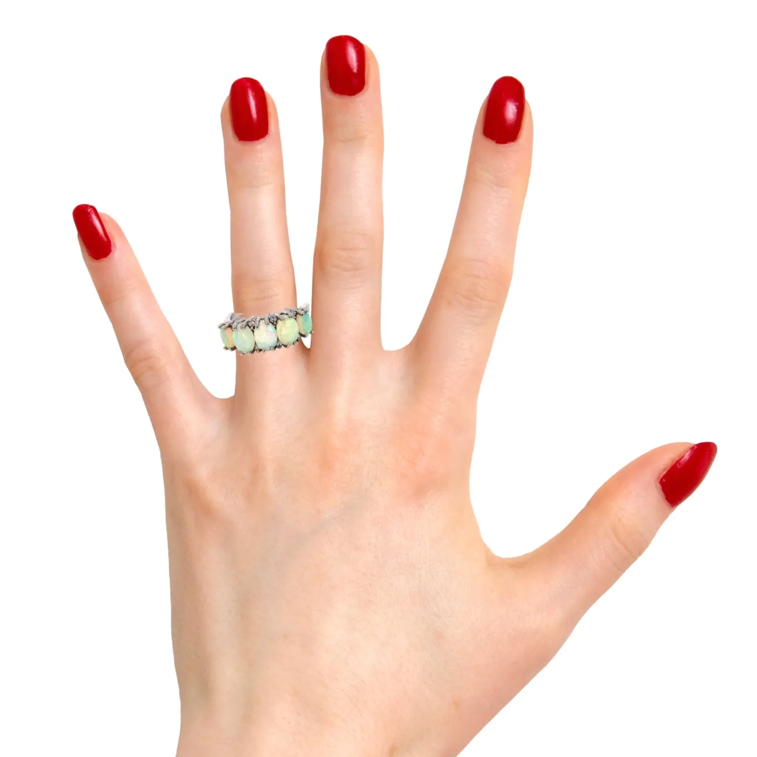 Platinum ring set with 5 Crystal Opal 2.6ct and diamond eternity style ring