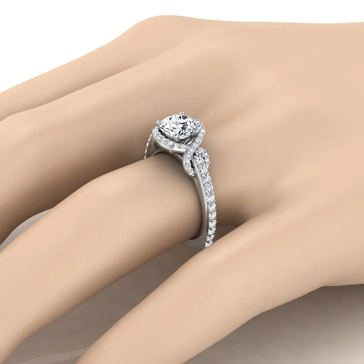 Platinum Round Brilliant Diamond French Pave Graceful Love Knot Engagement Ring -5/8ctw