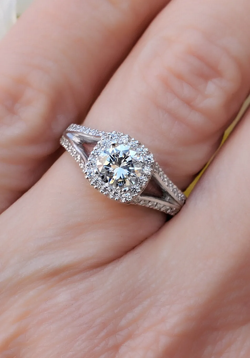Precision New Aire 18KWG Split Shank Halo Diamond Ring