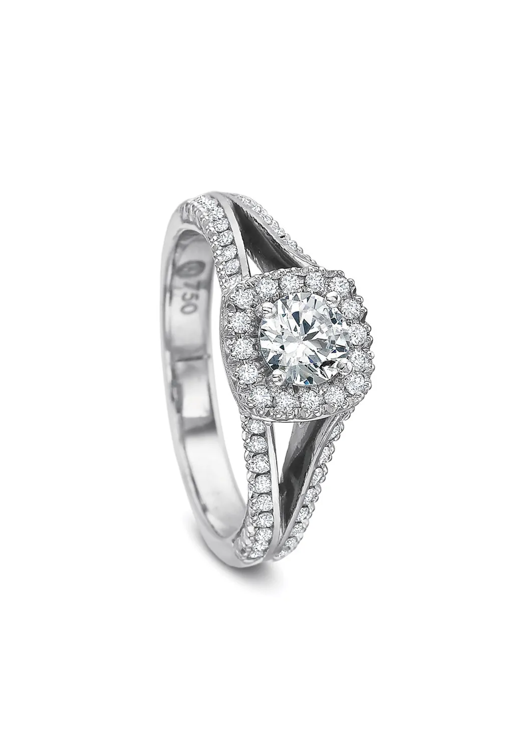 Precision New Aire 18KWG Split Shank Halo Diamond Ring