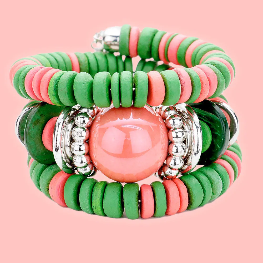 "Coil Couture" Pink and Green Wrap Bracelet