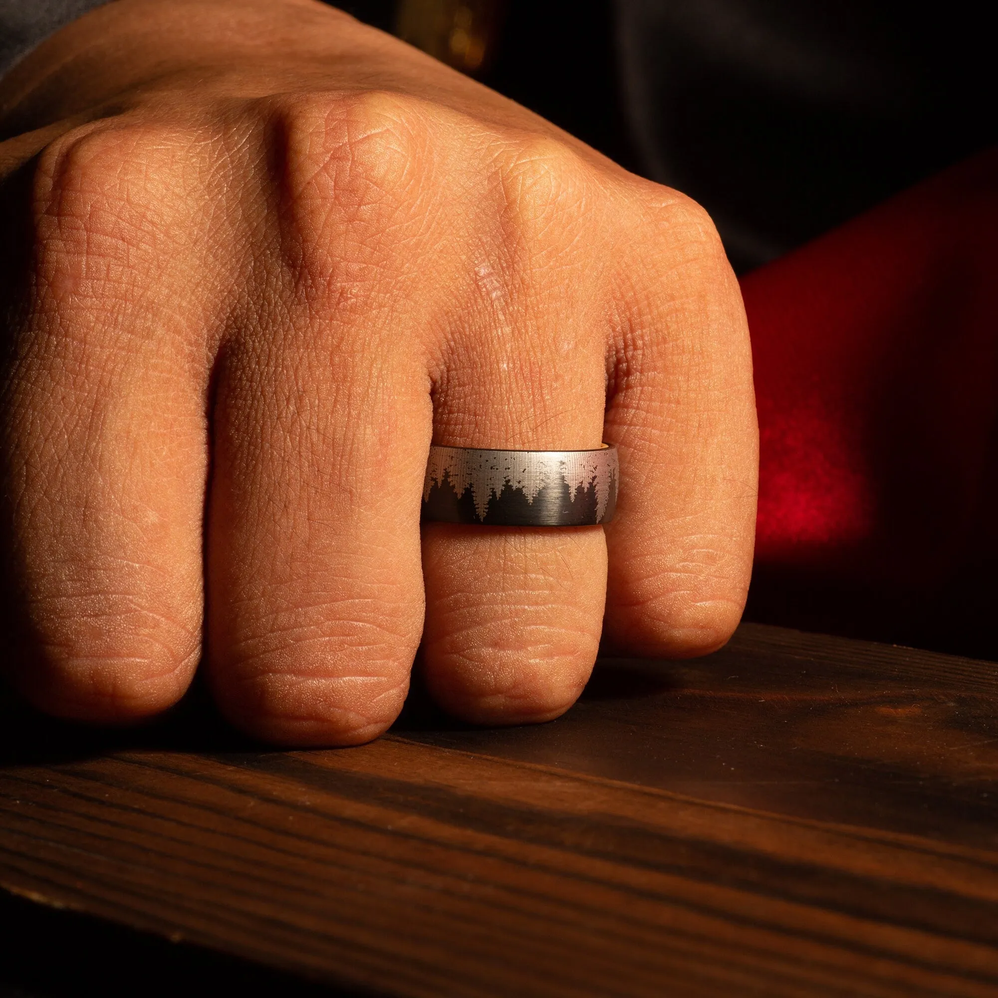 "Everwood" Tree Design Surface with Whiskey Barrel Inner Ring Black Tungsten Carbide Ring 8mm