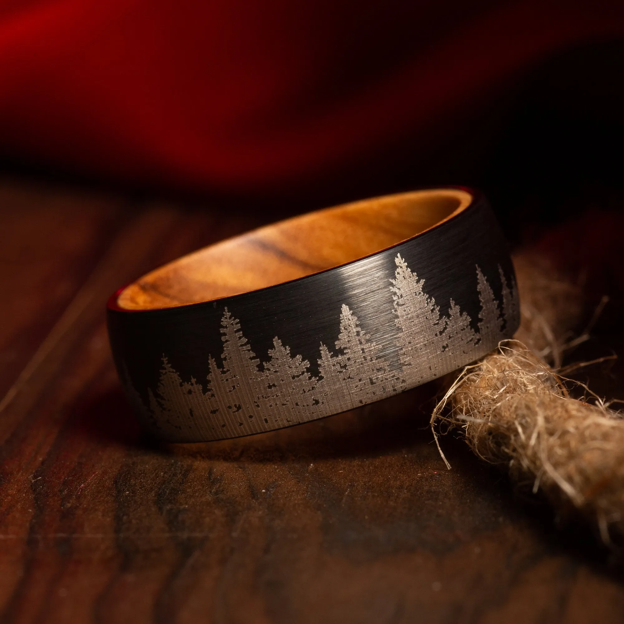"Everwood" Tree Design Surface with Whiskey Barrel Inner Ring Black Tungsten Carbide Ring 8mm