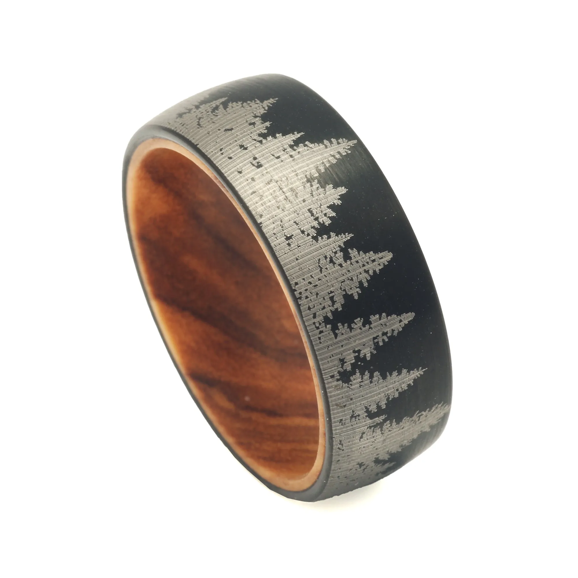"Everwood" Tree Design Surface with Whiskey Barrel Inner Ring Black Tungsten Carbide Ring 8mm