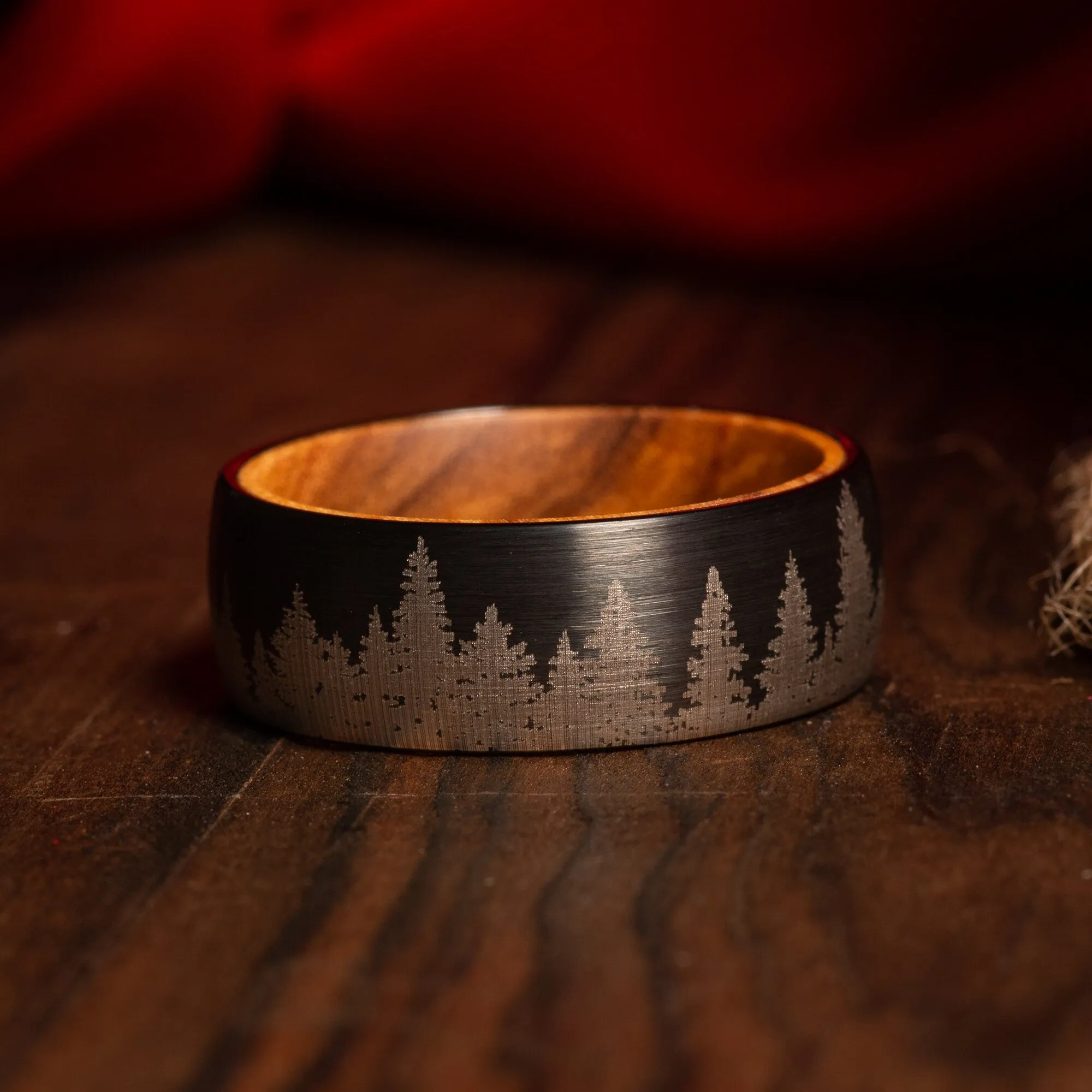 "Everwood" Tree Design Surface with Whiskey Barrel Inner Ring Black Tungsten Carbide Ring 8mm