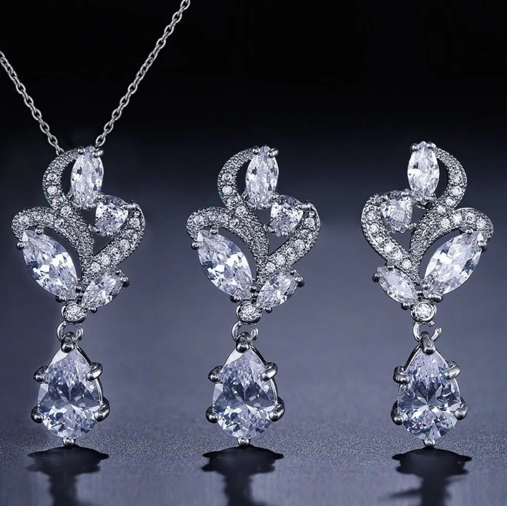 "Lotus" - Cubic Zirconia Bridal Necklace and Earrings Set - Available in Silver and Rose Gold