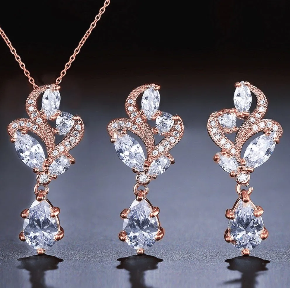 "Lotus" - Cubic Zirconia Bridal Necklace and Earrings Set - Available in Silver and Rose Gold