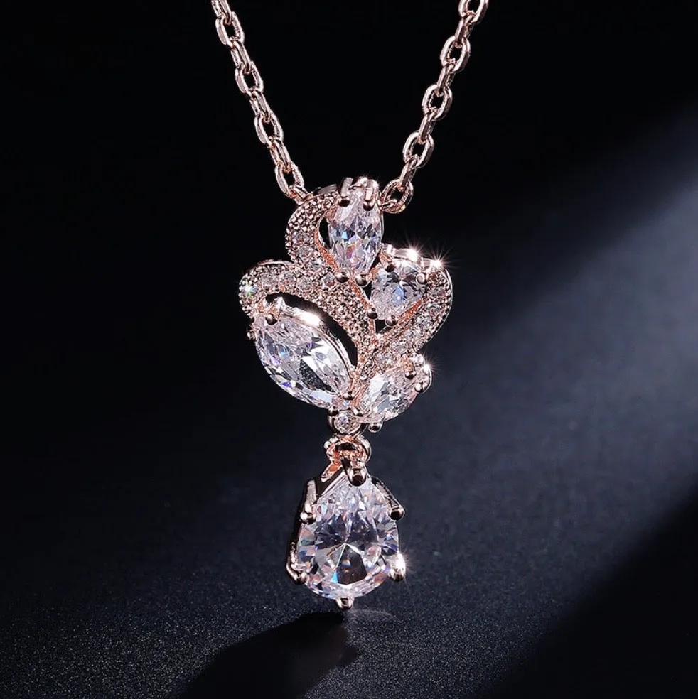"Lotus" - Cubic Zirconia Bridal Necklace and Earrings Set - Available in Silver and Rose Gold
