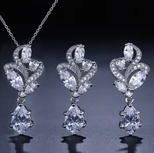 "Lotus" - Cubic Zirconia Bridal Necklace and Earrings Set - Available in Silver and Rose Gold