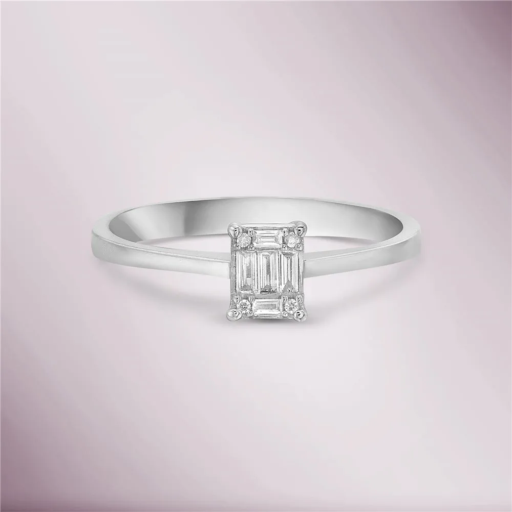Ready to Ship Round and Baguette Cut Diamond Illusion Solitaire Engagement Ring (0.10 ct.) in 14K Gold
