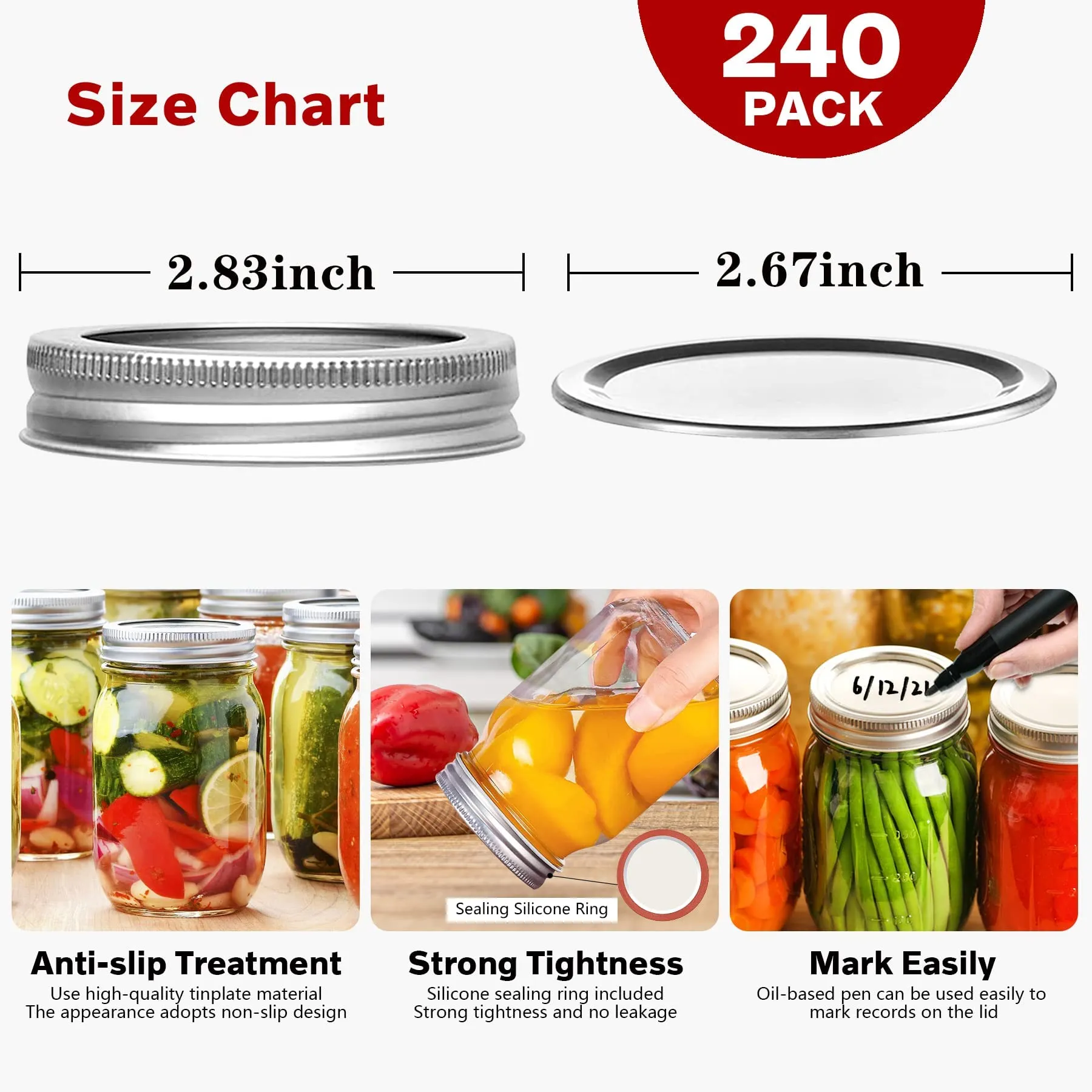 Regular-Mouth 70mm Mason Jar Lids &amp; Rings for Glass Jars – 120 Sets