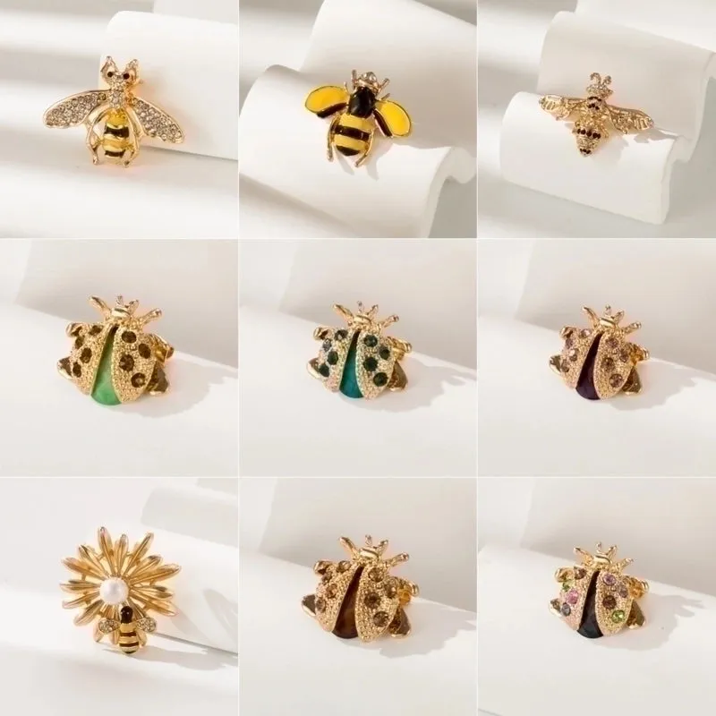 Retro Oil Dripping Bee Brooch Female Alloy Diamond-embedded Ladybug Insect Collar Pin Clothing Hat Bag Accessories