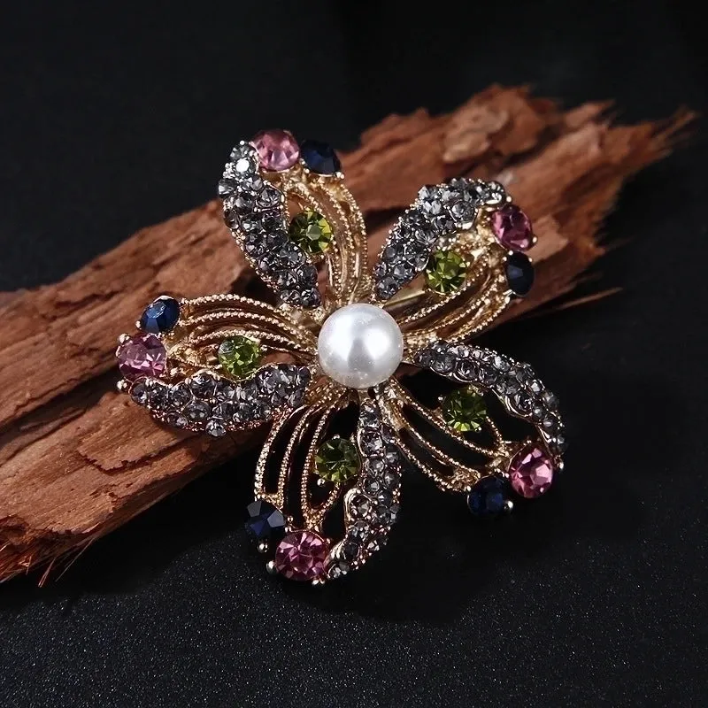 Retro Pin Flower Bow Knot Alloy Inlay Artificial Pearls Rhinestones Women'S Brooches