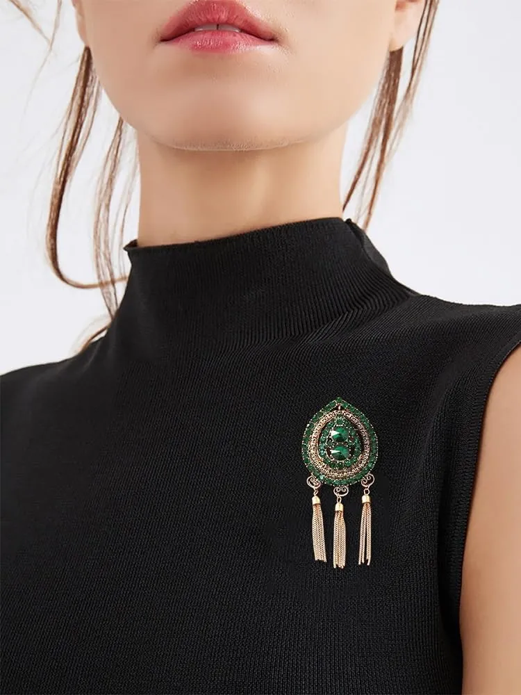 Rhinestone Teardrop Brooch Pin for Women Men Gold Plated Elegant Big Crystal Waterdrop Tassel Chain Fringe Drop Brooches Lapel Pins Antique Birthday Holiday Dress Accessories