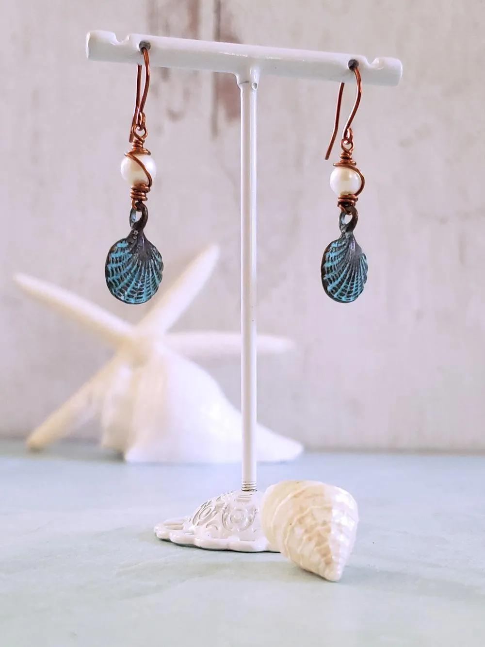 Scallop Sea Shell Earrings - Patina Copper & Pearls