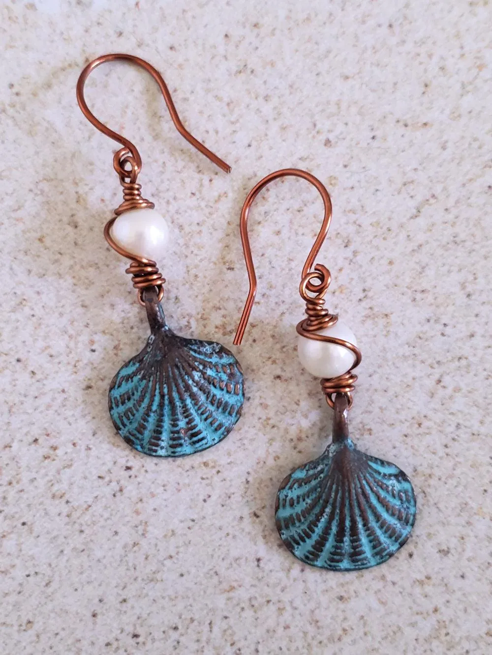 Scallop Sea Shell Earrings - Patina Copper & Pearls
