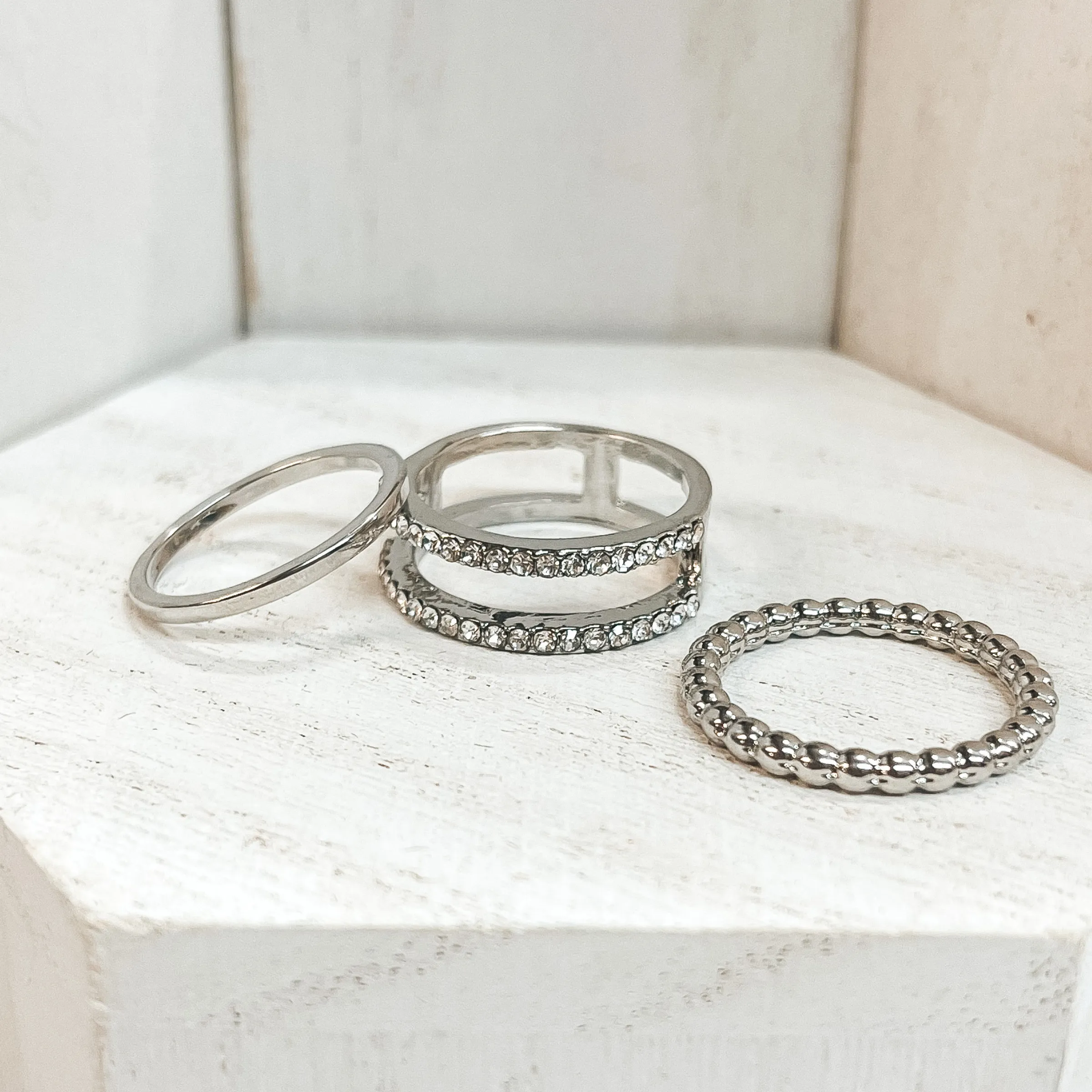 Set of 5 | Multi Textured Ring Set in Silver Tone with Clear CZ Crystals