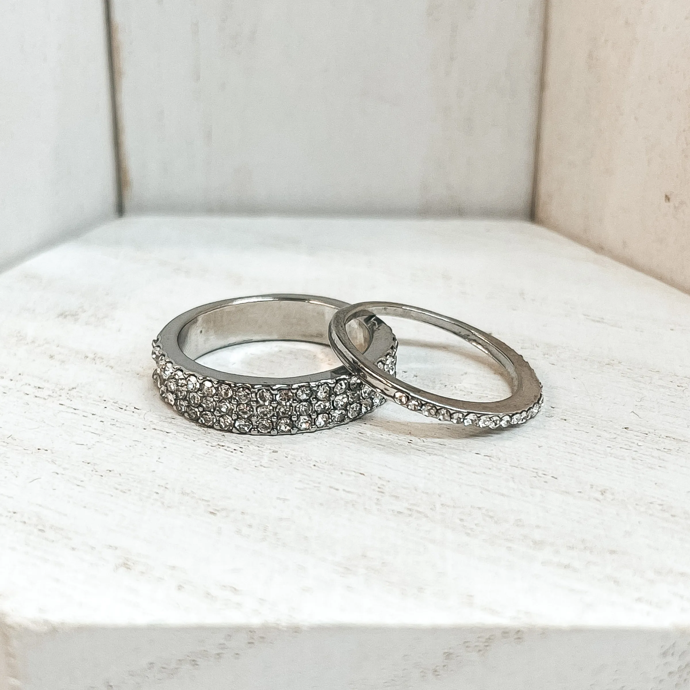 Set of 5 | Multi Textured Ring Set in Silver Tone with Clear CZ Crystals