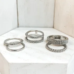 Set of 5 | Multi Textured Ring Set in Silver Tone with Clear CZ Crystals