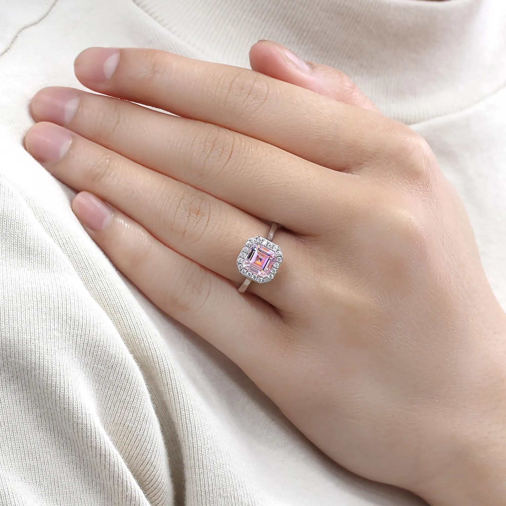 Sterling Silver 2 CT Emerald Step Cut Halo Pink Ring